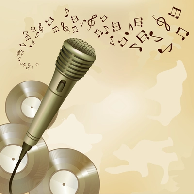 Music symbols and vinyl disks background microphone musical equipment print vector illustration