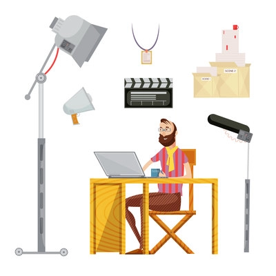 Set of film director including man with mug near laptop movie script microphone lighting isolated vector illustration