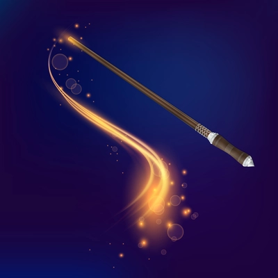 Magic wand realistic composition on dark blue background with gold plume and stains vector illustration