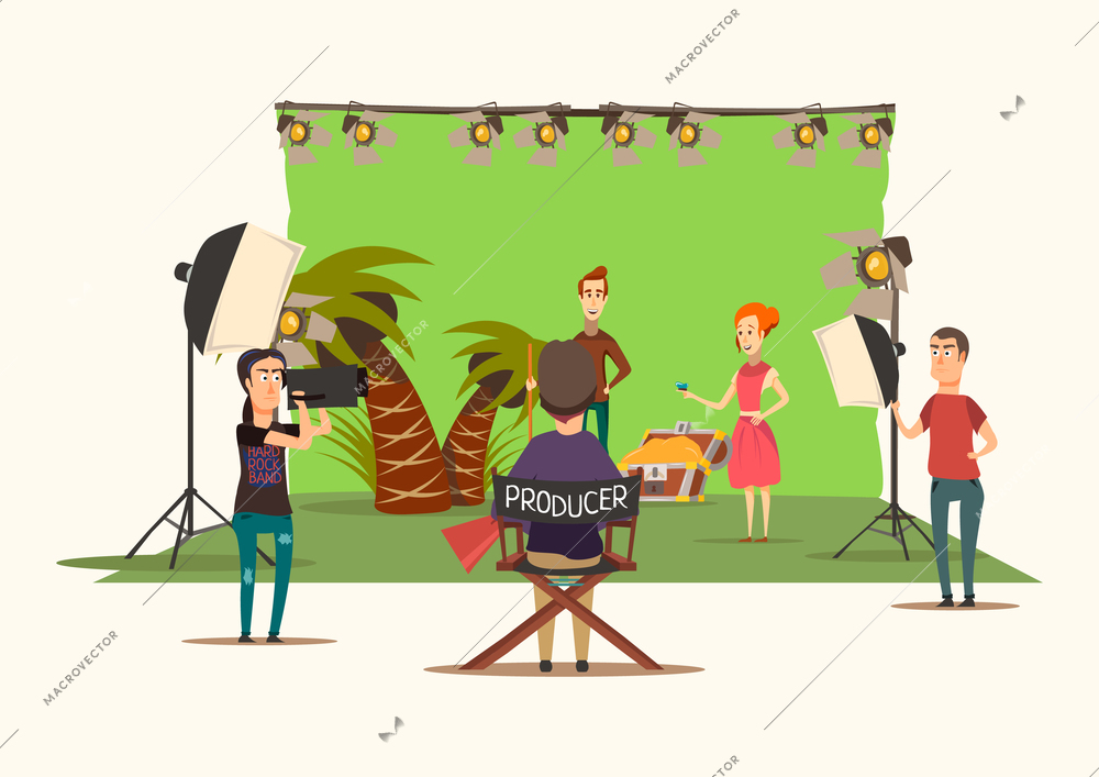 Lucky situations movie shooting composition with film set design imitating treasure island scenery with production unit vector illustration