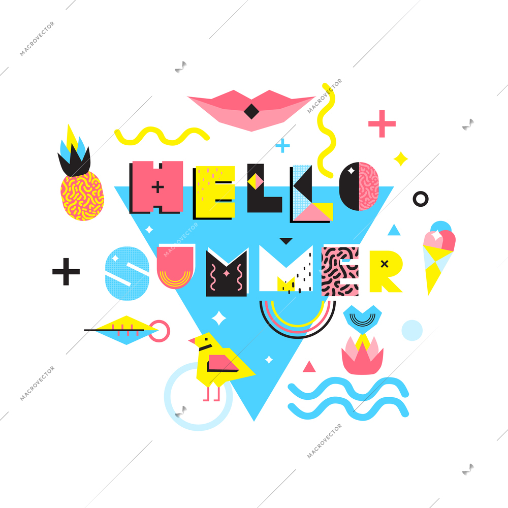 Hello summer design in memphis style with ananas bird flower icecream on blue triangle background vector illustration