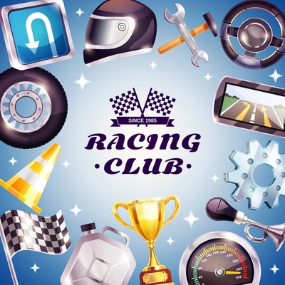 Racing club frame with logo, car parts, helmet, canister, trophy on blue background with stars vector illustration