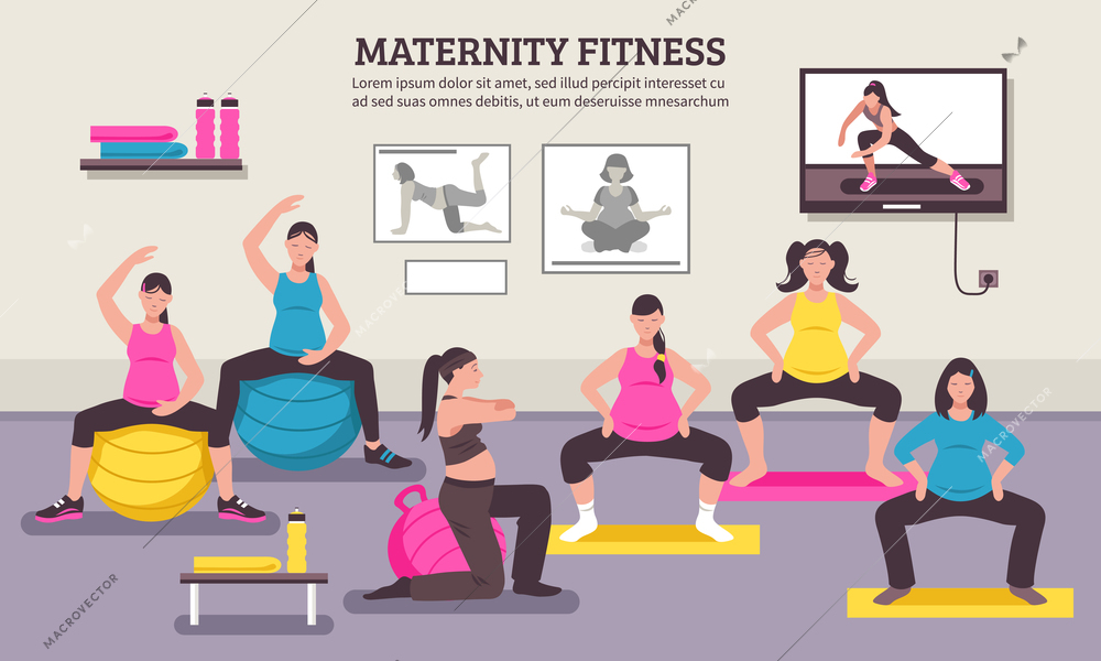 Maternity group fitness class flat poster with aerobic muscles and balance exercises for pregnant women vector illustration