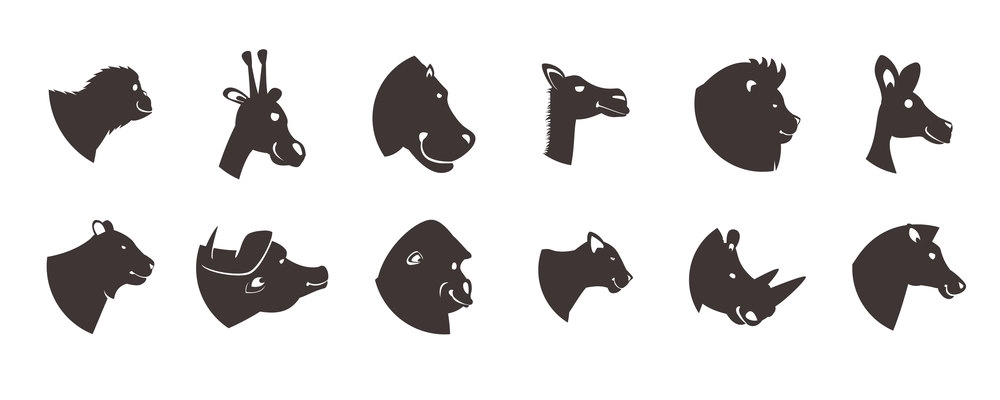 Animal icons collection of twelve isolated side face view of wild beast heads on blank background vector illustration