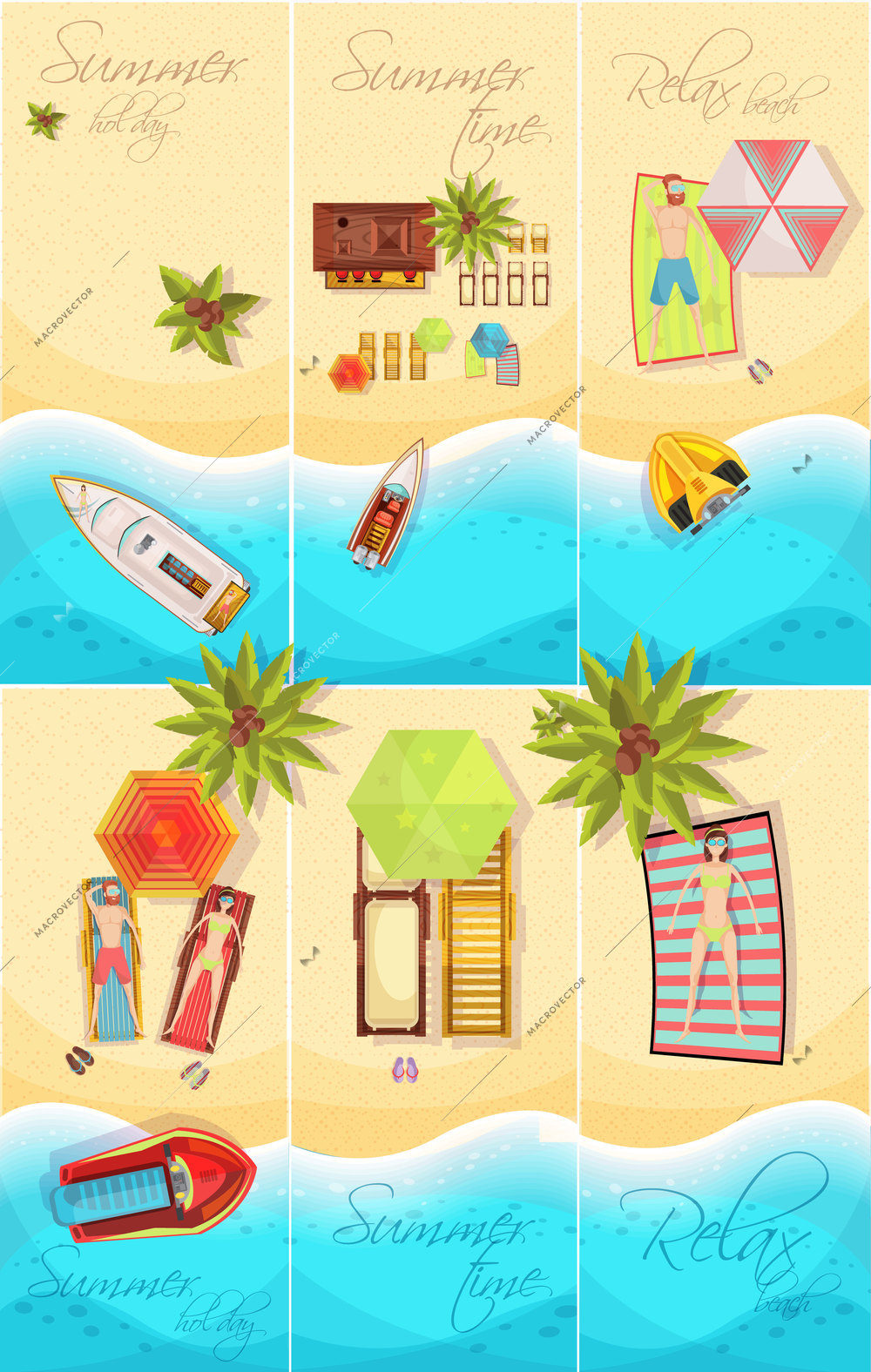 Summer holiday set of posters top view with coast, boats, palm trees, beach elements isolated vector illustration