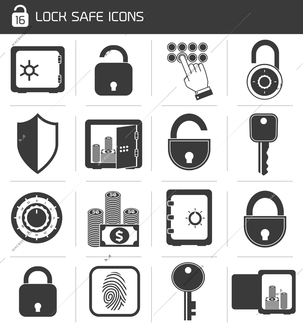 Business banking finance lock safe icons set of cash hand system padlock isolated vector illustration