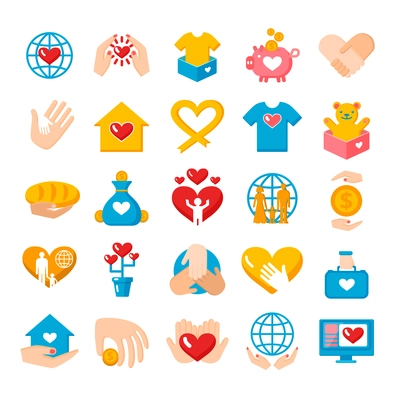 Charity donation big flat icons collection with heart hand palms and earth globe symbols isolated vector illustration