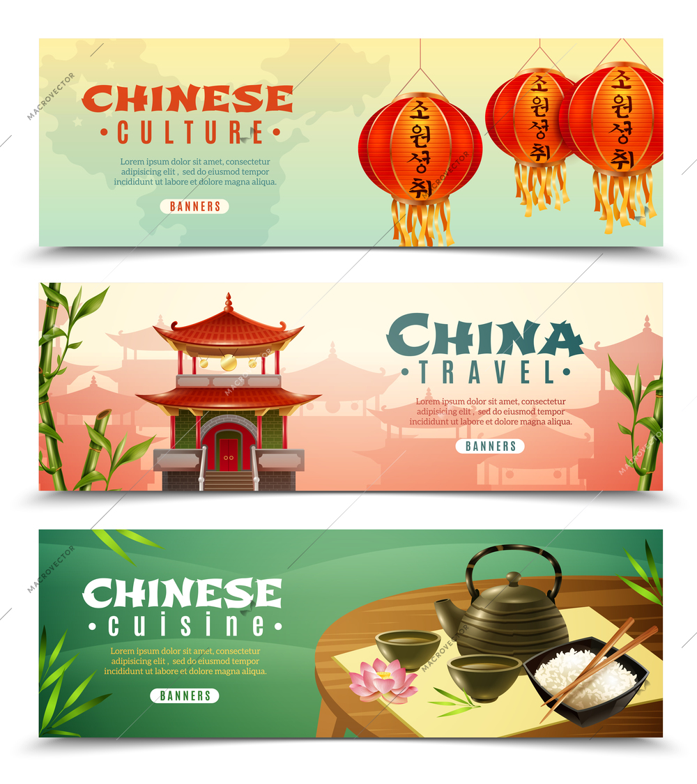 Three cartoon china travel horizontal banner set with button and Chinese culture descriptions vector illustration