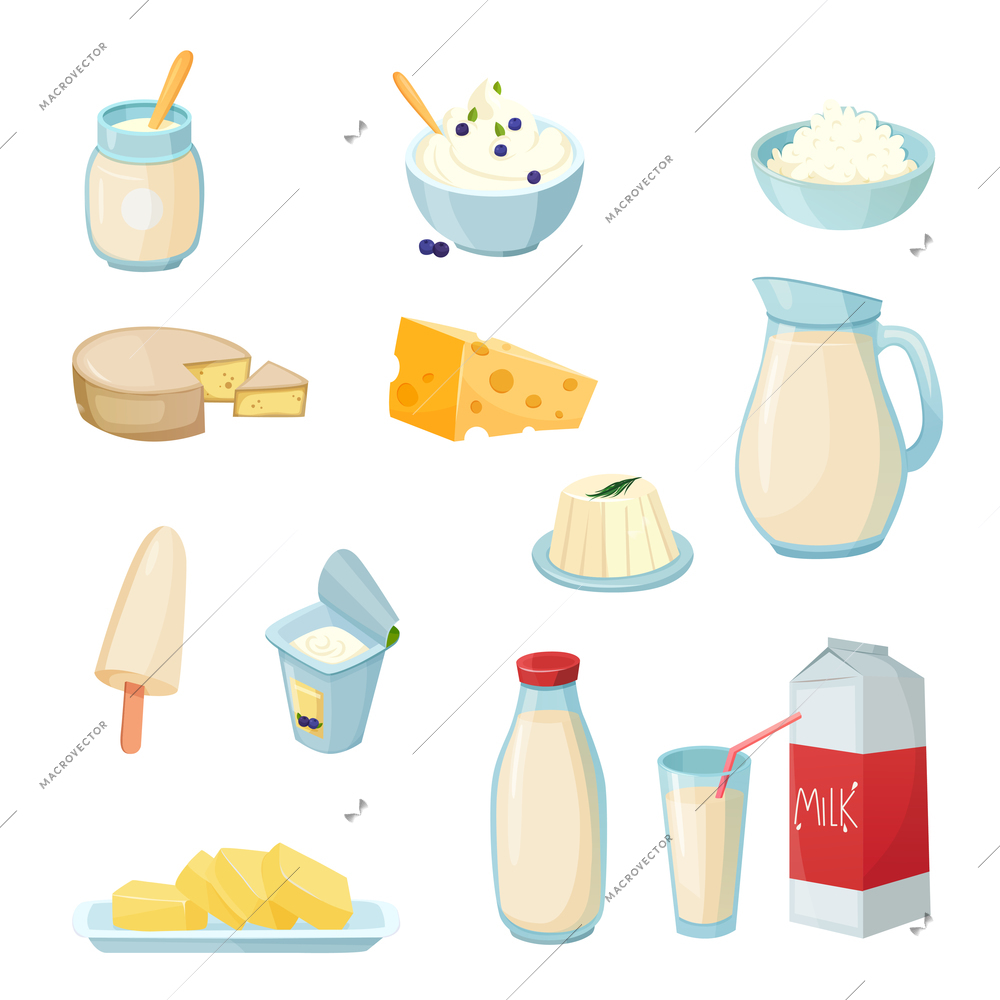 Dairy products set with milk in various packaging cheese yogurt butter curd sour cream isolated vector illustration