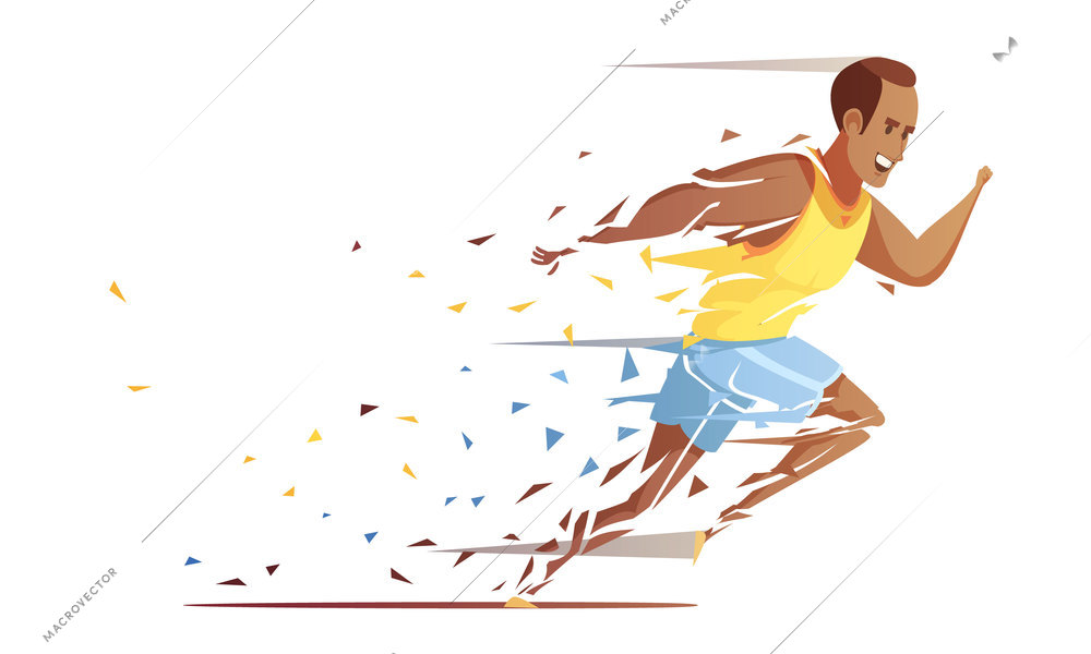 Runner man action retro cartoon composition with male human character of trackman athlete falling into pieces vector illustration