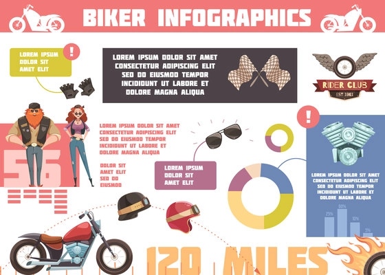 Rider infographics with cartoon biker characters and motorcycle elements with circle graphs and editable text vector illustration