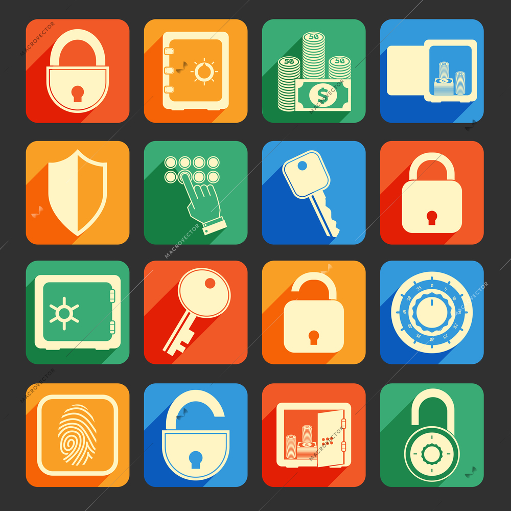 Business banking finance lock safe icons set of security protection credit circle isolated vector illustration