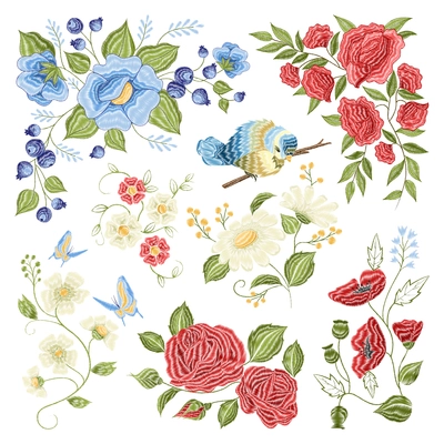 Classic floral embroidery filling space pattern design with roses chamomile blueberries birds and butterflies colorful vector illustration