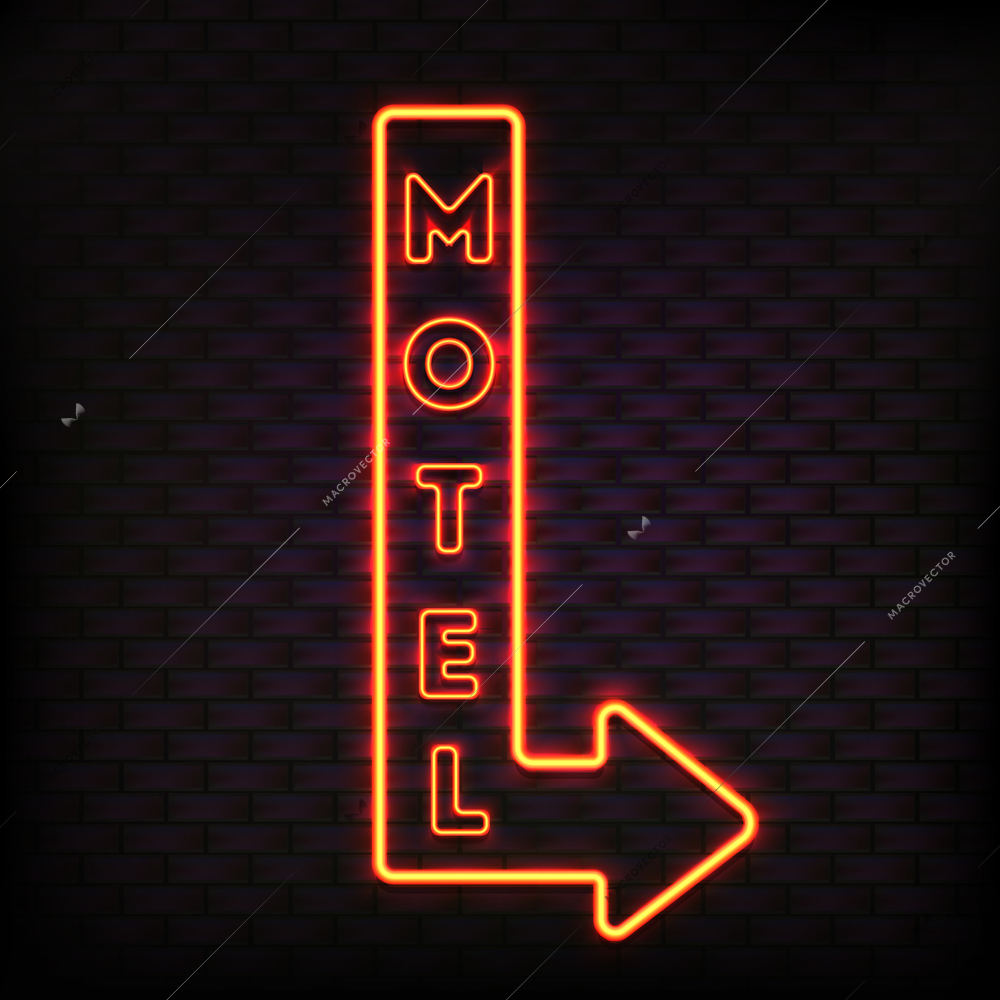 Neon sign set with flashing motel arrow board luminous button and orange light electric letters vector illustration