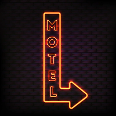 Neon sign set with flashing motel arrow board luminous button and orange light electric letters vector illustration