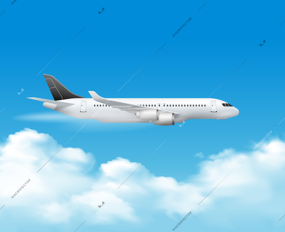 Airplane in air composition with realistic image of passenger jet aircraft on top over the clouds vector illustration