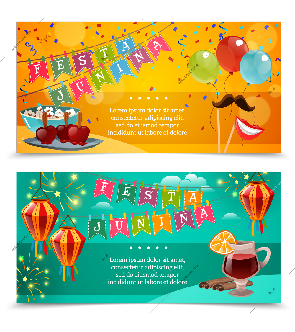 Festa junina horizontal banners with garland of flags colored balloons bowl of popcorn and glass of red wine with spices flat vector illustration