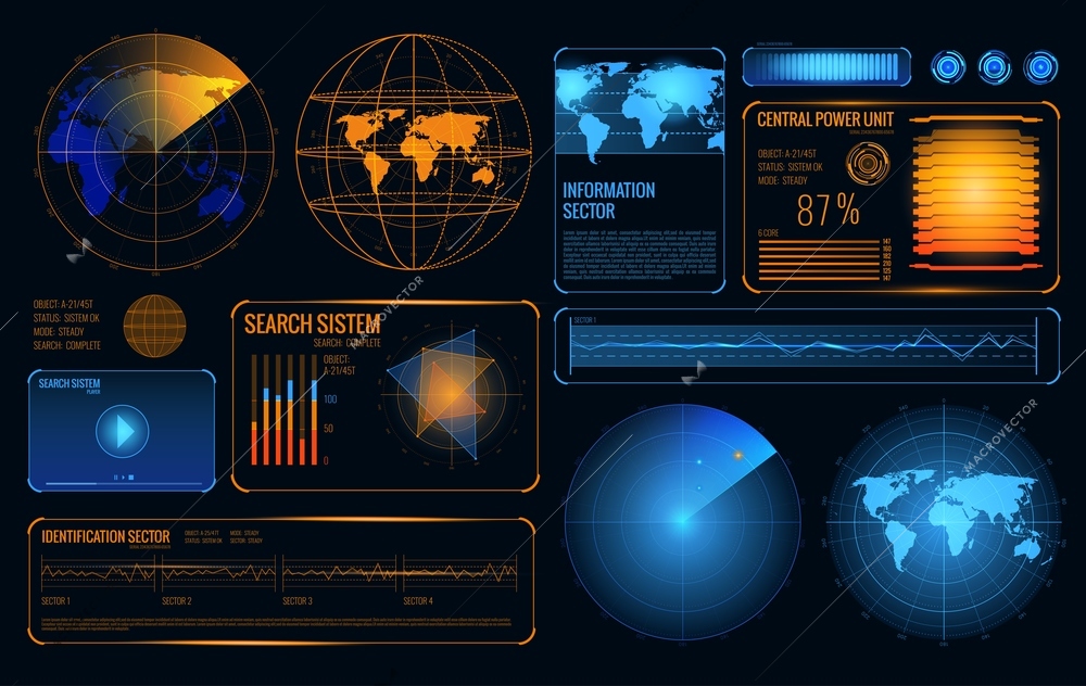 Glowing search radar set of retrieval system control panel user interface elements with graphs and buttons vector illustration