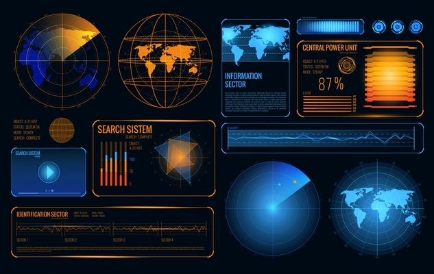 Glowing search radar set of retrieval system control panel user interface elements with graphs and buttons vector illustration