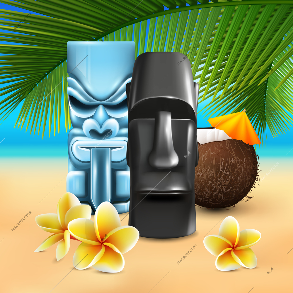 Hawaiian sunny beach illustration with cumbersome coconut and tin god images on colorful sandy seashore background vector illustration