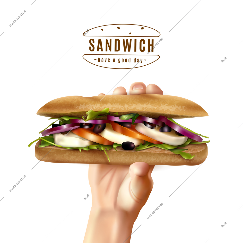 Hand holding healthy multi grain sandwich with mozzarella lettuce tomato onion realistic advertisement white background poster vector illustration