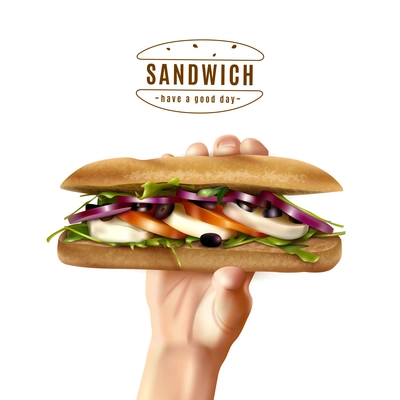 Hand holding healthy multi grain sandwich with mozzarella lettuce tomato onion realistic advertisement white background poster vector illustration