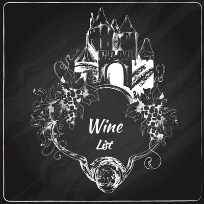 Wine restaurant list card chalkboard label with grape house bottle elements vector illustration