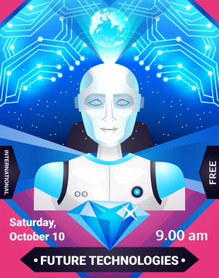 Future technologies poster in blue pink colors with robot, integrated circuit, globe and diamond vector illustration