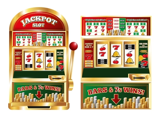 Poker slot jackpot machine isolated front images set with realistic one arm bandit game playing machine vector illustration