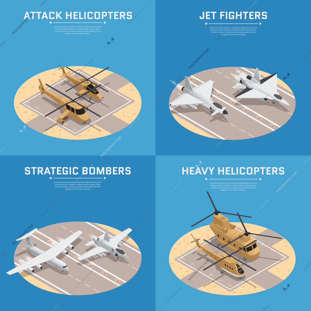 Four square isometric military air force icon set with attack helicopters jet fighters heavy helicopters and others descriptions vector illustration