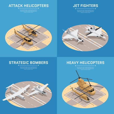 Four square isometric military air force icon set with attack helicopters jet fighters heavy helicopters and others descriptions vector illustration