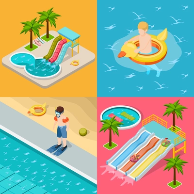 Four square aqua park composition isometric icon set with different situation at the pool on holidays vector illustration