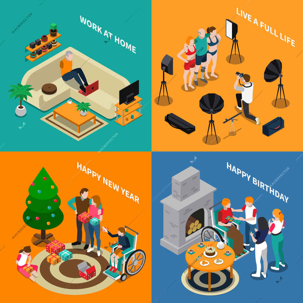 Disabled people isometric compositions with work at home, family seasonable holidays, live full life isolated vector illustration