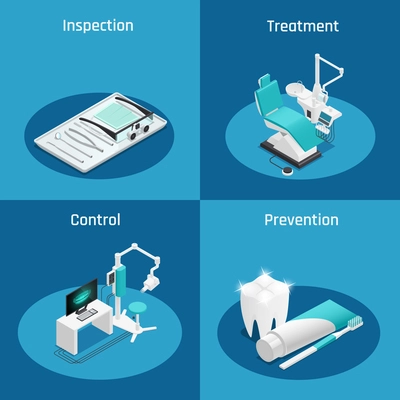 Colored stomatology dentistry isometric icon set with inspection treatment control and prevention descriptions vector illustration