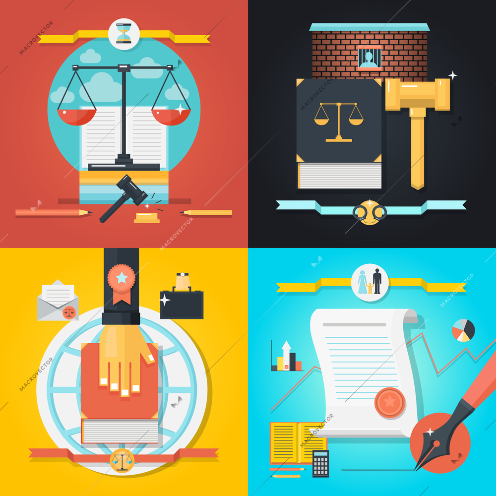 Colorful law 2x2 composition set with various objects for working in court flat isolated vector illustration