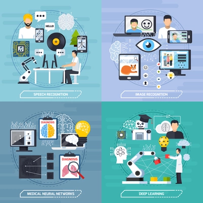 Neural meshes 2x2 design concept set of speech and image recognition deep learning and medical neural networks compositions flat vector illustration