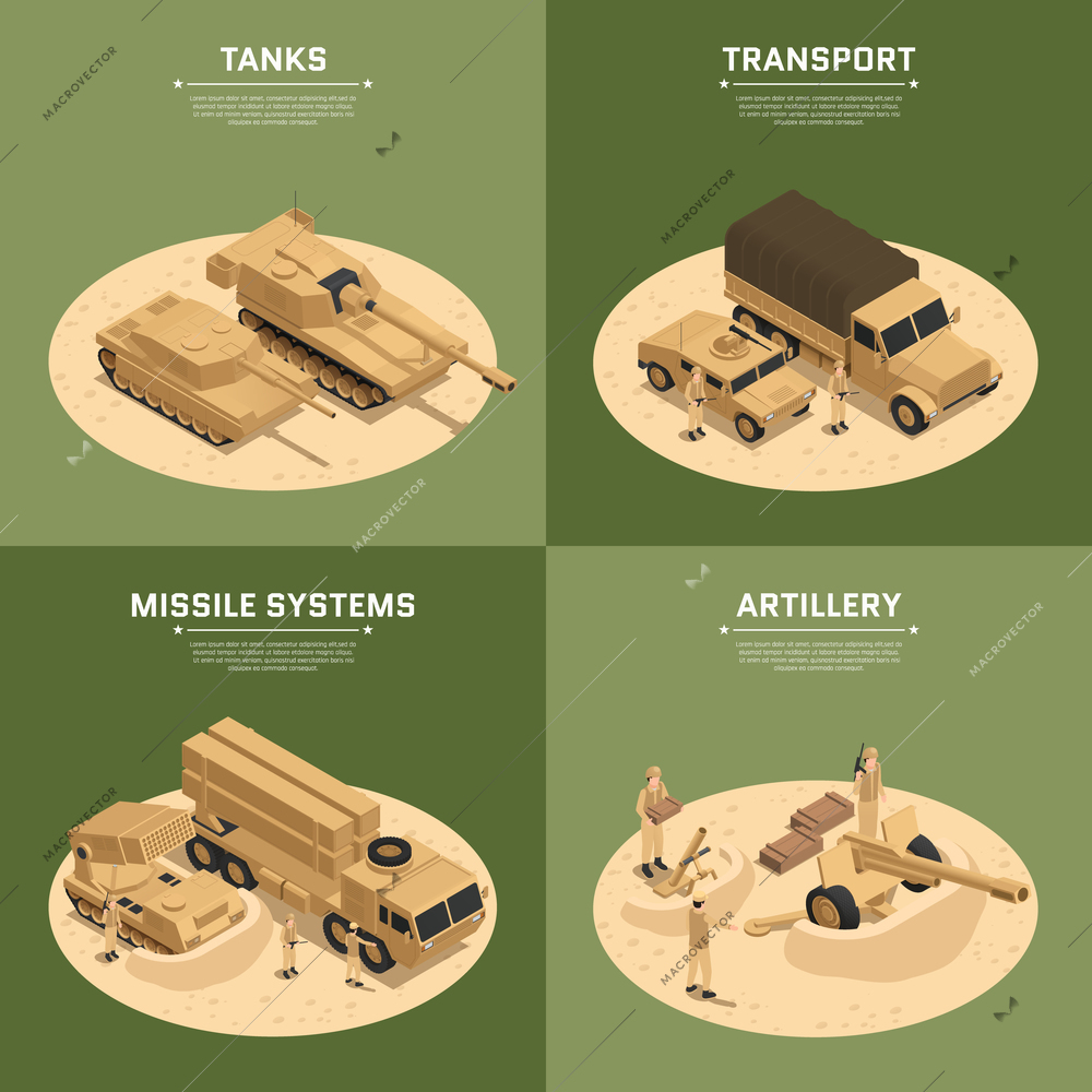 Four square military vehicles isometric icon set with tanks transport missile systems and artillery headlines vector illustration