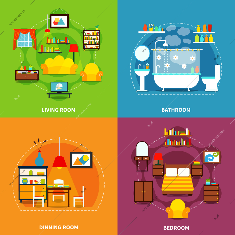 Interior concept icons set with living room bedroom and bathroom flat isolated vector illustration