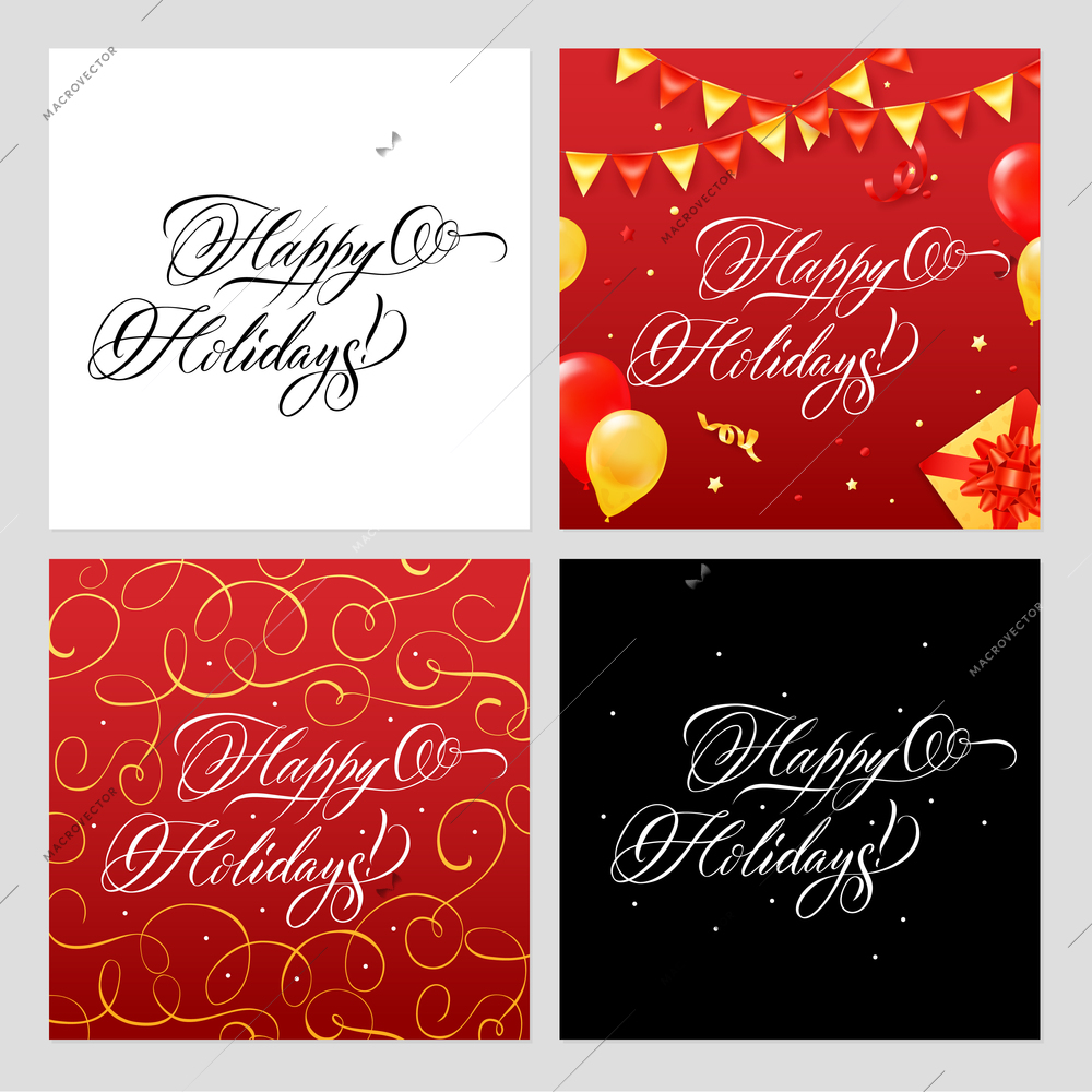 Happy holidays lettering calligraphic banners collection of four square backgrounds with ornate text and decorative pattern vector illustration