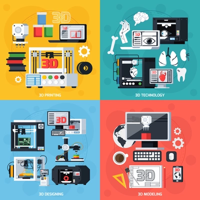 3D printing 2x2 design concept with designing modeling equipment consumables and production symbols flat vector illustration