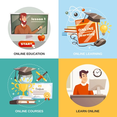 Online learning 2x2 design concept with equipment and tutorials for distance education certificate and magistracy hat flat vector illustration