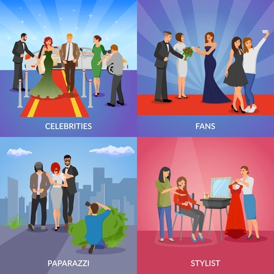 Celebrity 2x2 design concept set of paparazzi stylists fans and vip persons flat vector illustration