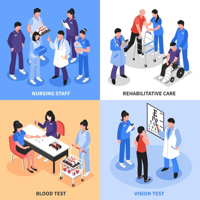 Hospital staff concept 4 isometric icons square with vision blood tests and rehabilitation nurses isolated vector illustration