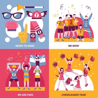 Sport fans cheerleaders and supporters concept 4 flat icons square with accessories and celebration isolated vector illustration