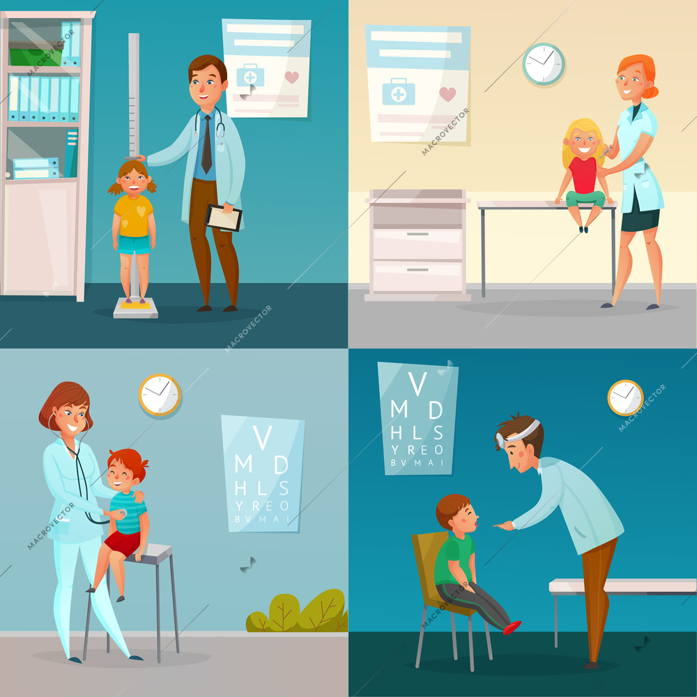 Kids visit doctors cartoon compositions with medical checkup including measuring of height and vaccination isolated vector illustration