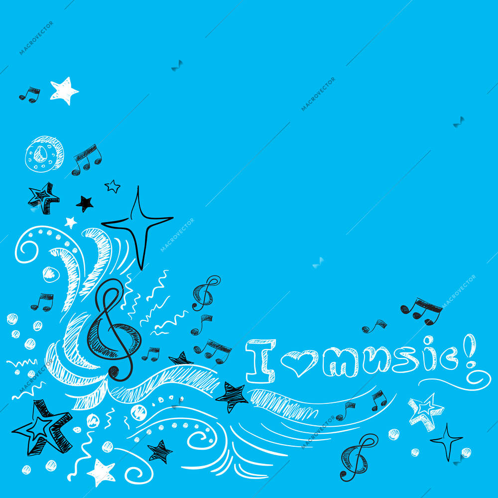 Love music doodle background with notes stars swirls vector illustration