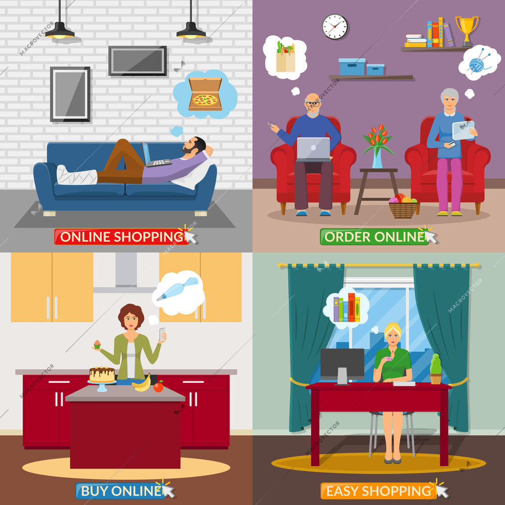 Online shopping 2x2 design concept with people in home interior making online payment  flat vector illustration