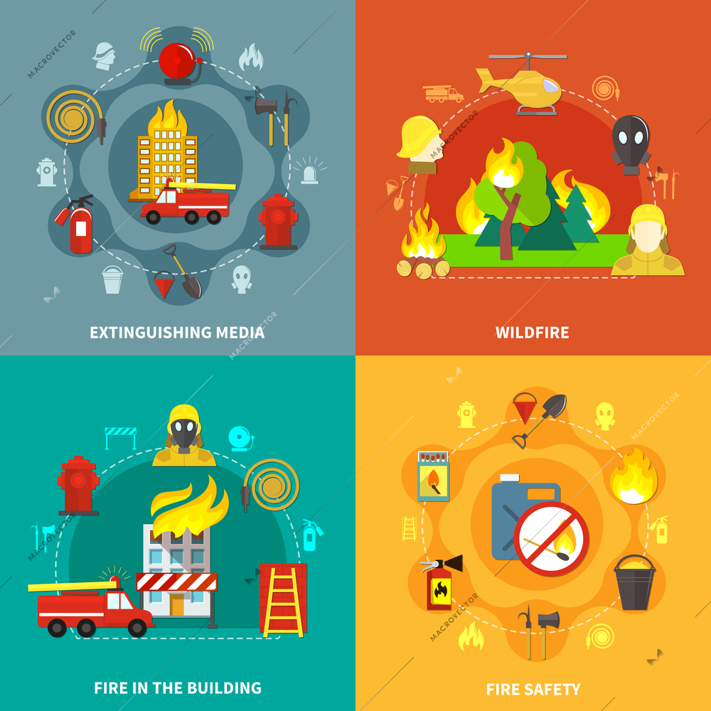 Firefighting tools fire safety burning buildings and forest 2x2 concept isolated on colorful backgrounds flat vector illustration