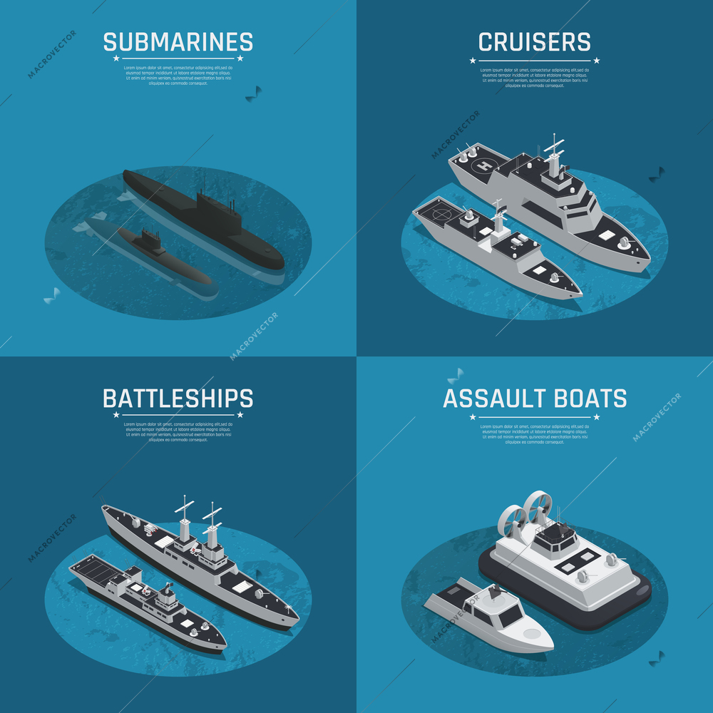 Four square military boats isometric icon set with submarines cruises battleships and assault boats descriptions vector illustration