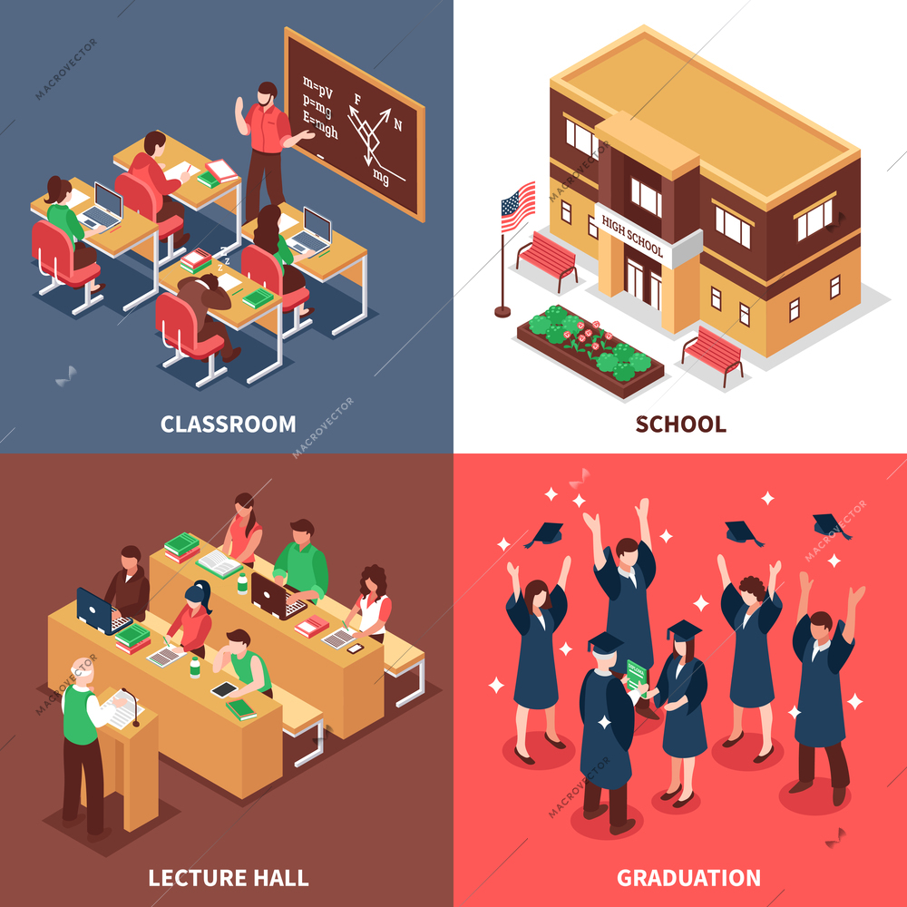 High school classroom lesson lecture graduation and  building outdoor isometric view 4 icons square isolated vector illustration